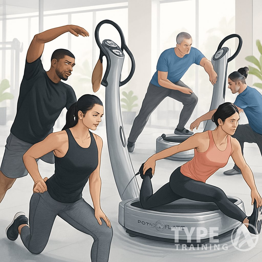 A group of adults performing stretching exercises on vibration training platforms in a bright gym.