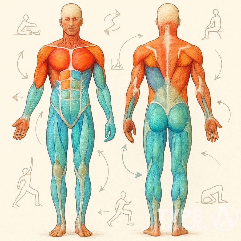 Front and back views of a human figure showing muscles with color highlights indicating imbalances and arrows suggesting corrective exercises.