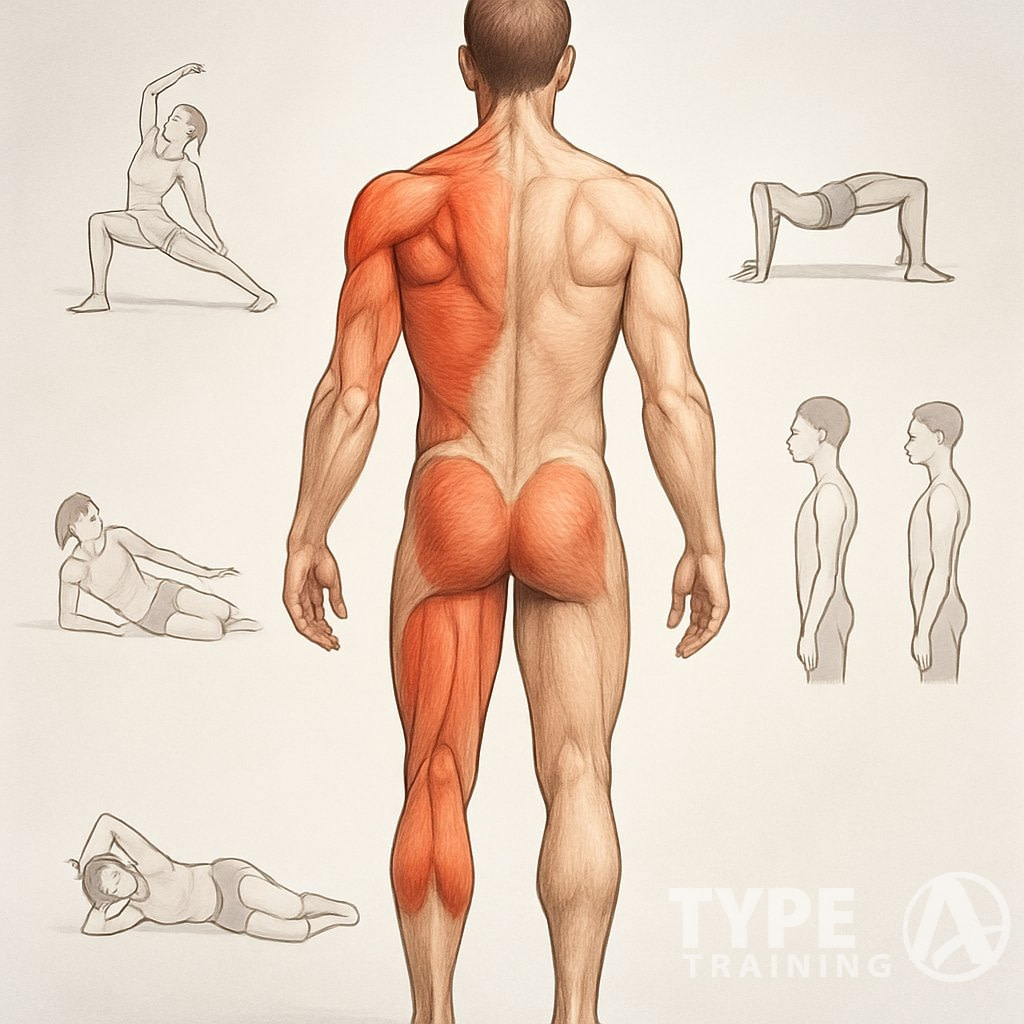 A human figure showing areas of muscular imbalance with surrounding illustrations of corrective exercises.