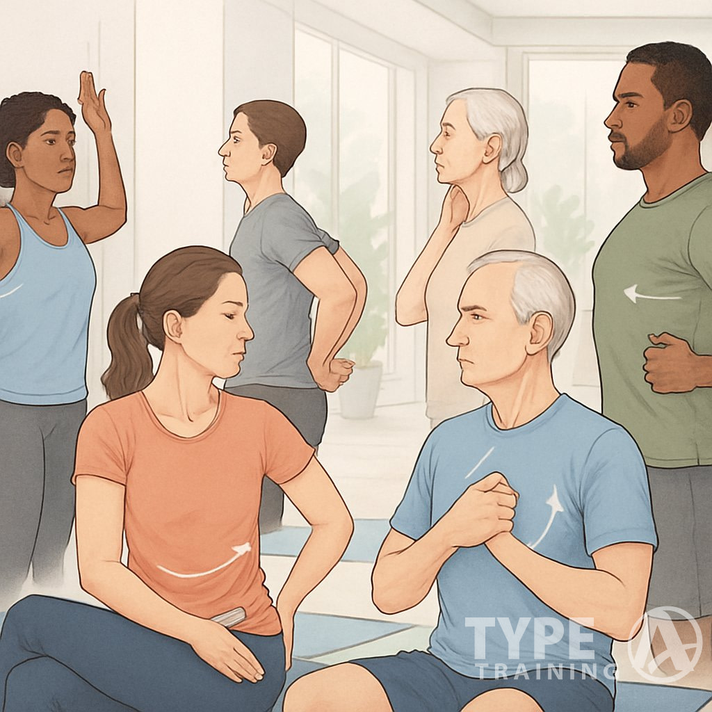 A group of people performing various posture-improving exercises in a bright gym setting, demonstrating correct body alignment.