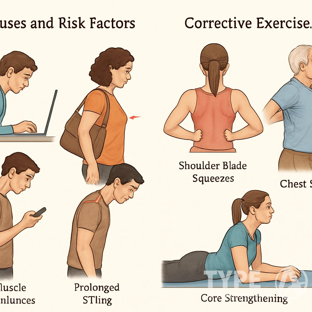 Illustration showing common causes of poor posture like sitting hunched and carrying heavy bags, alongside people performing exercises to improve posture.
