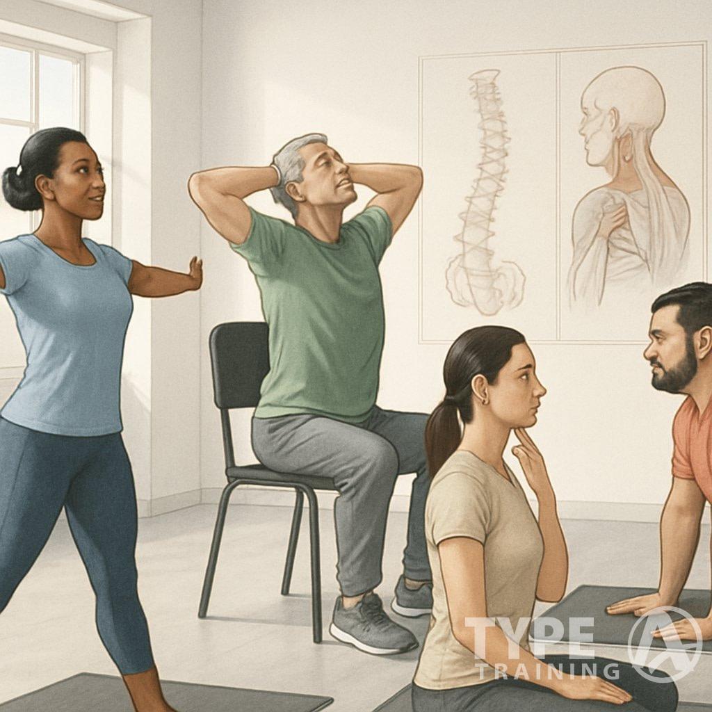 A group of adults in a fitness studio performing exercises to improve posture, including chest openers, thoracic extensions, and chin tucks.