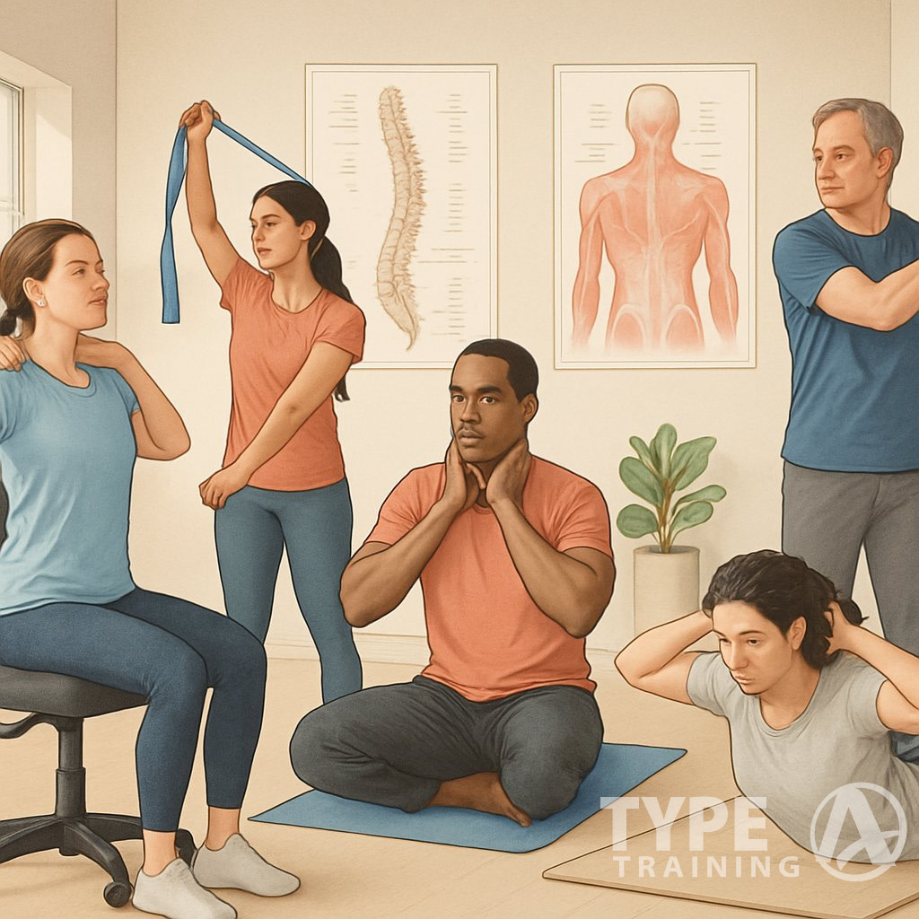 People performing exercises to improve posture in a wellness studio with anatomical diagrams of the spine in the background.