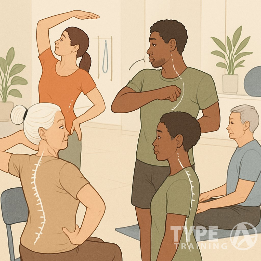 A group of people performing exercises to improve posture in a bright indoor fitness studio.