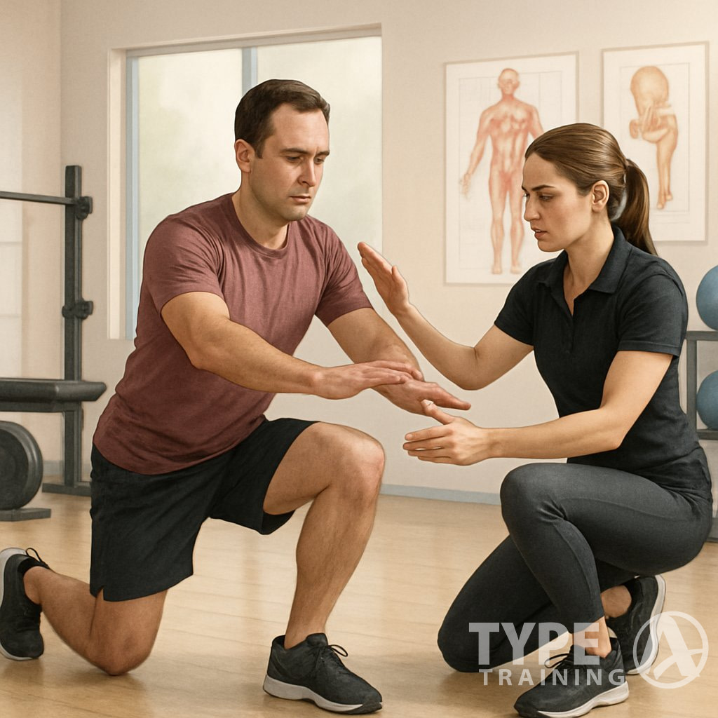 A corrective exercise specialist closely observing a client performing a movement test in a fitness studio, guiding their posture to assess movement dysfunction.