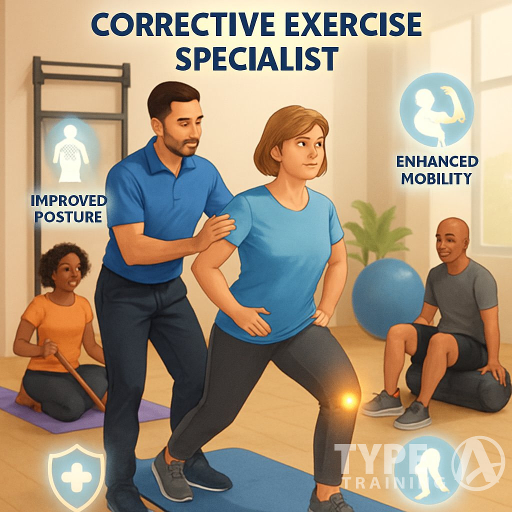 A corrective exercise specialist guiding a diverse group of people through exercises in a gym, focusing on posture and movement improvement.