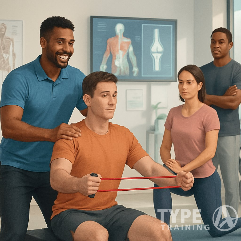 A corrective exercise specialist guiding clients through personalized exercises in a fitness studio focused on injury prevention and improved mobility.