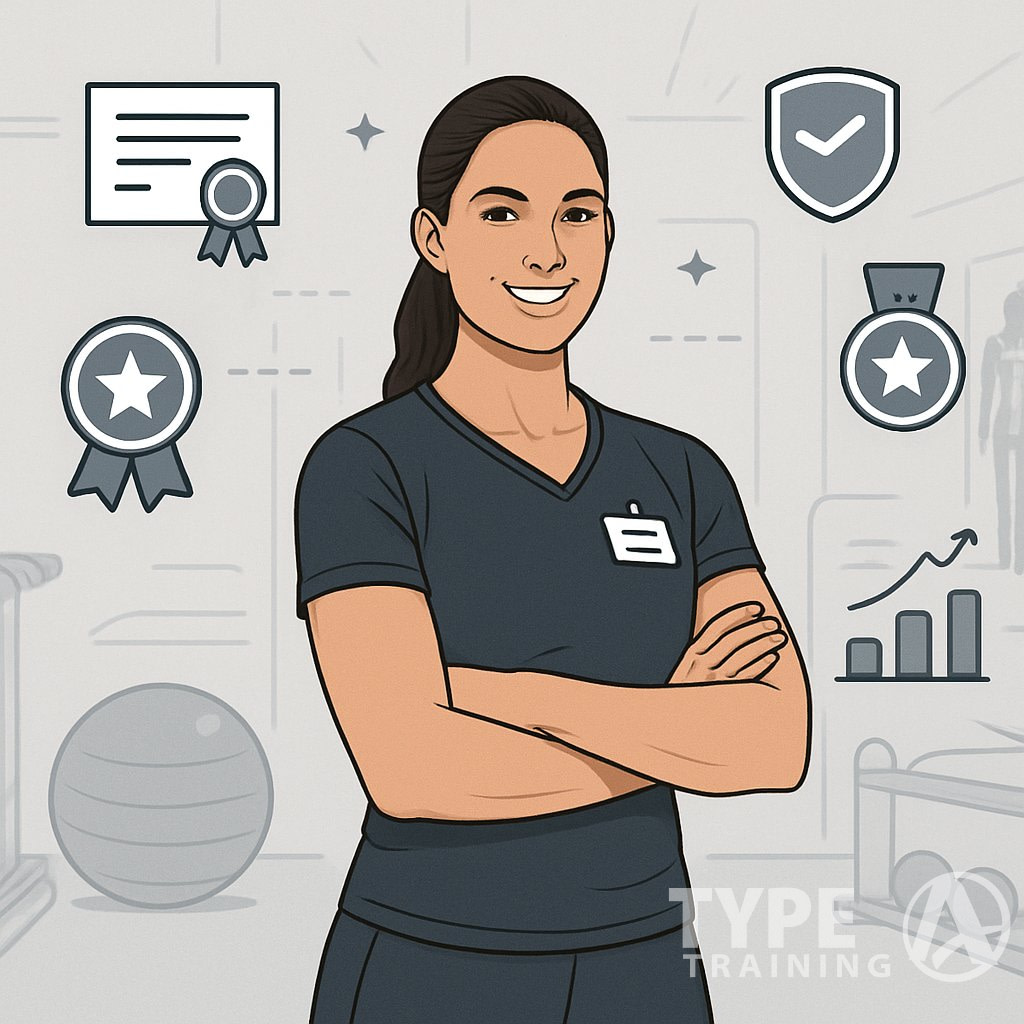 A confident corrective exercise specialist in a gym setting surrounded by symbols of certifications and success, emphasizing expertise and professionalism.