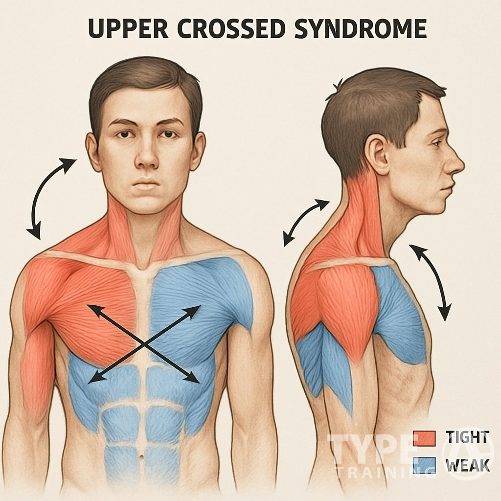 Illustration of a human upper body showing forward head posture, rounded shoulders, and muscle imbalances associated with Upper Crossed Syndrome.