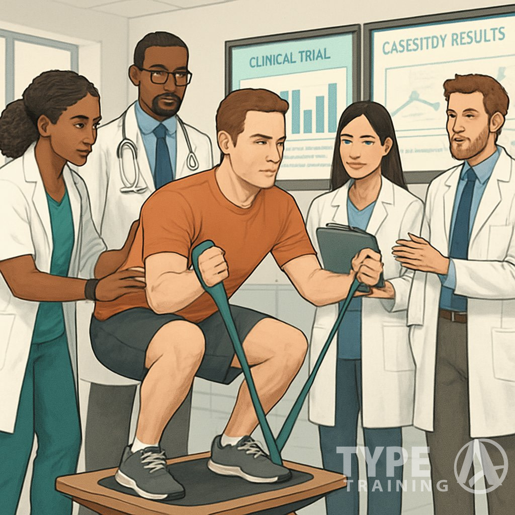 Healthcare professionals guiding a patient through corrective exercises in a clinical setting with charts and data screens in the background.