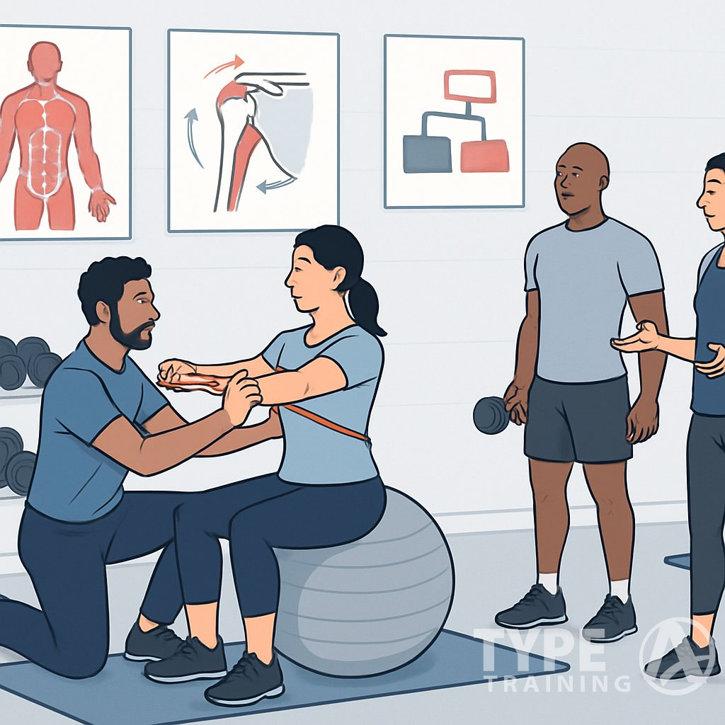 A group of fitness professionals and clients in a gym where a trainer helps a client with posture and alignment using exercise equipment, surrounded by anatomical diagrams and symbols representing exercise principles.