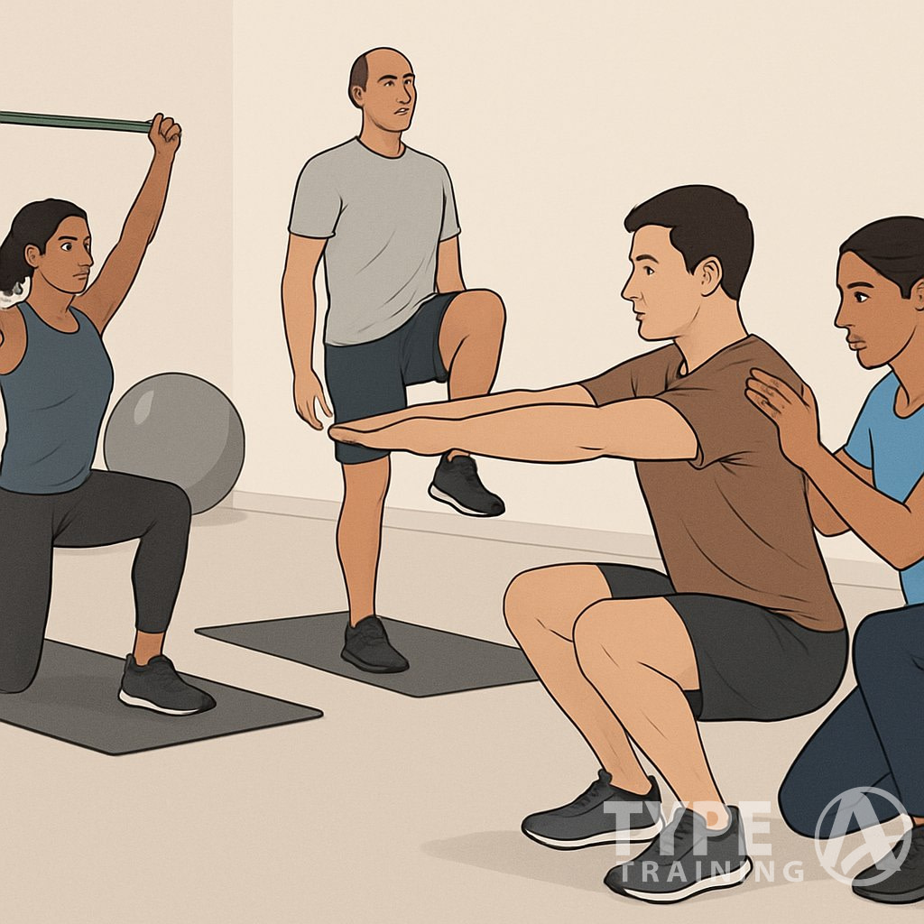 A trainer observes and corrects a person’s squat posture while others perform movement assessments in a gym setting with fitness equipment.