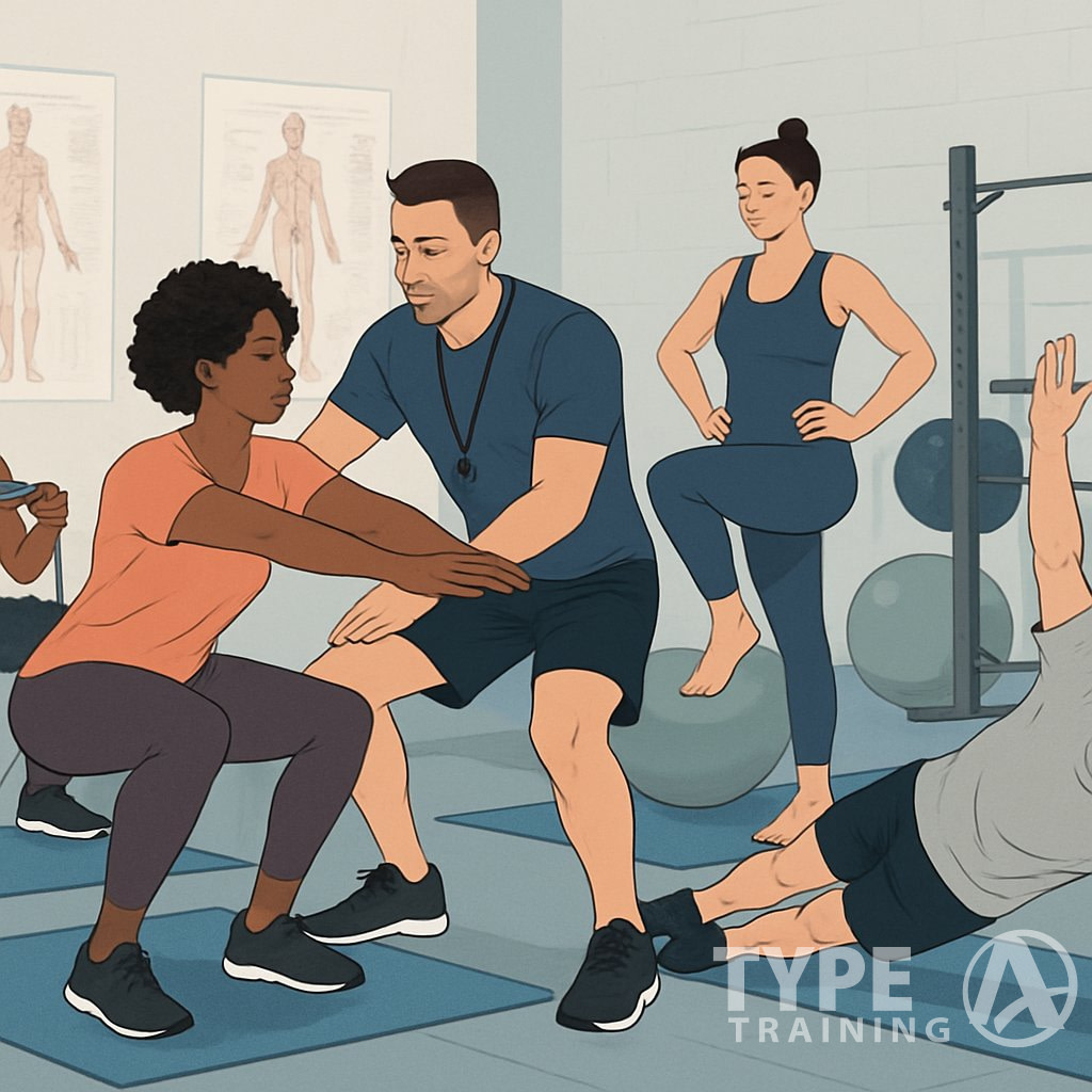 A fitness coach demonstrating corrective exercises to a group of people in a gym, focusing on proper posture and movement.