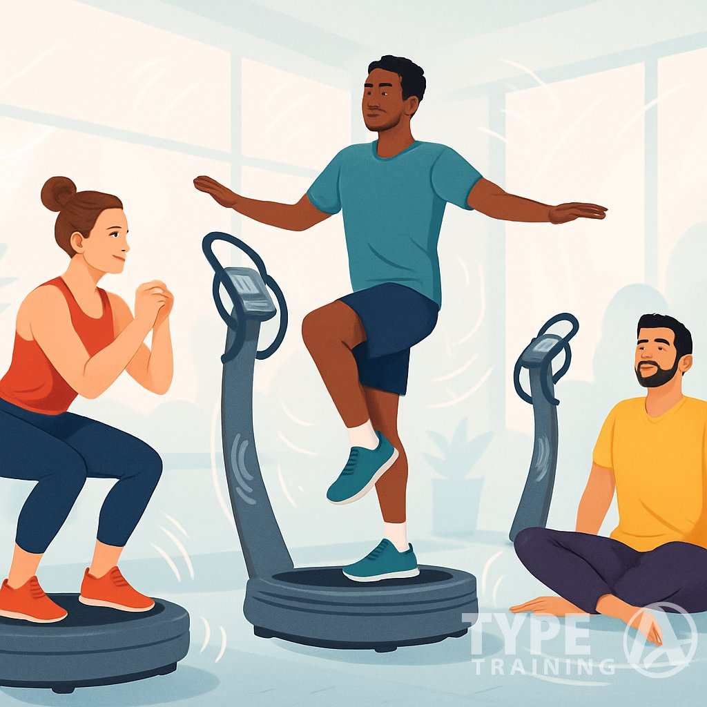 People exercising on Power Plate machines in a gym, demonstrating strength, balance, and recovery benefits.