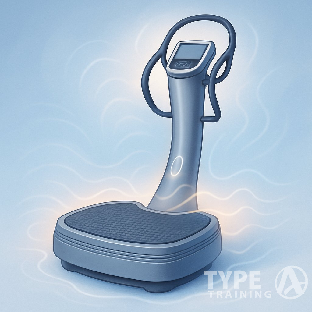 A modern power plate machine with handles and a vibrating platform, surrounded by glowing lines suggesting muscle recovery.