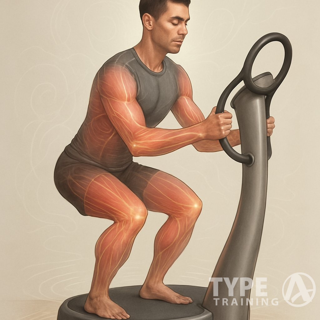 A person standing on a Power Plate machine with visual effects showing muscle recovery and vibration waves around them.