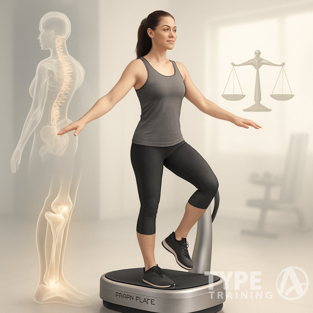 A fit woman standing on a Power Plate machine, demonstrating balance and muscle recovery with visual symbols of flexibility, balance, and strong bones around her.