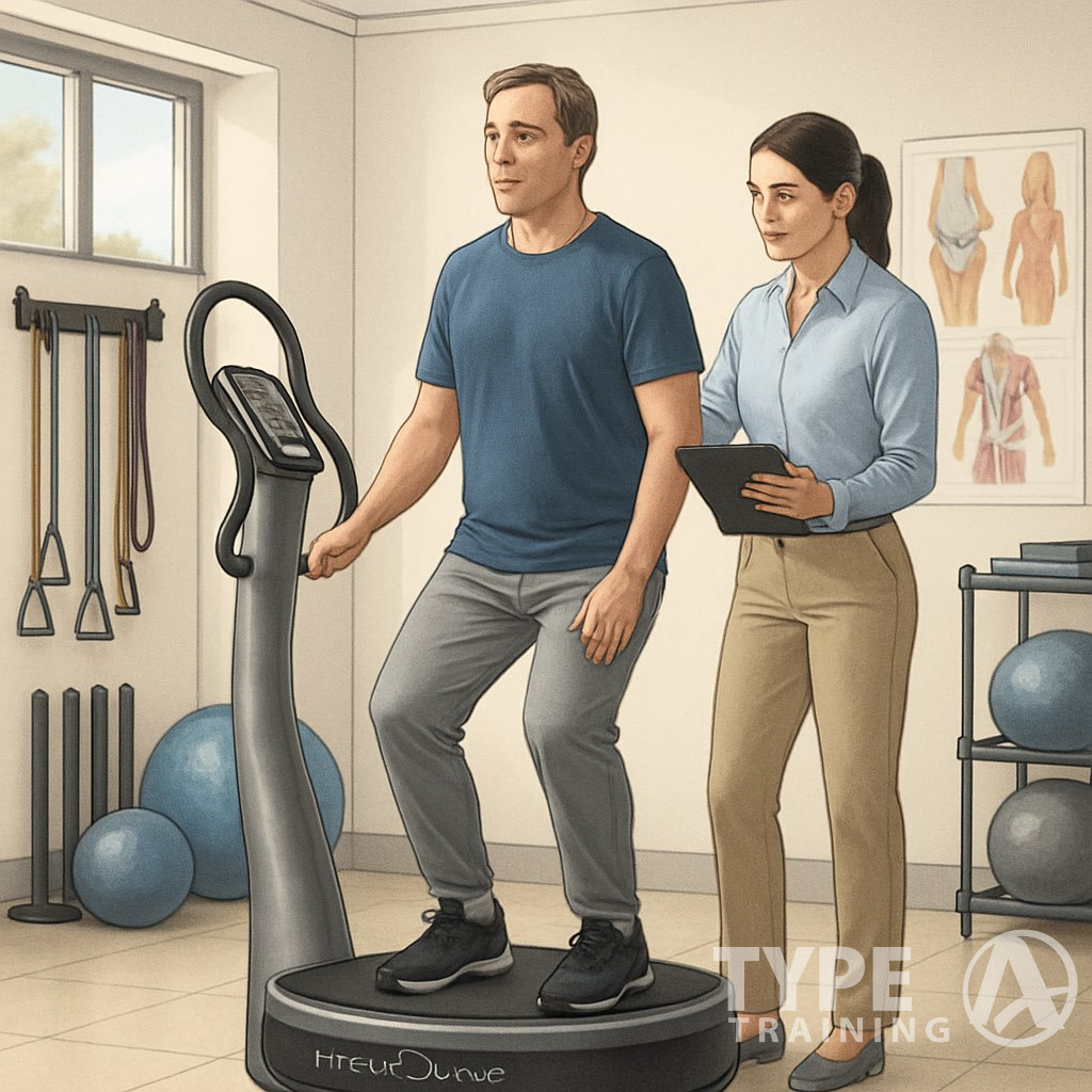 A patient using a Power Plate vibration platform in a rehabilitation clinic while a physical therapist provides guidance.