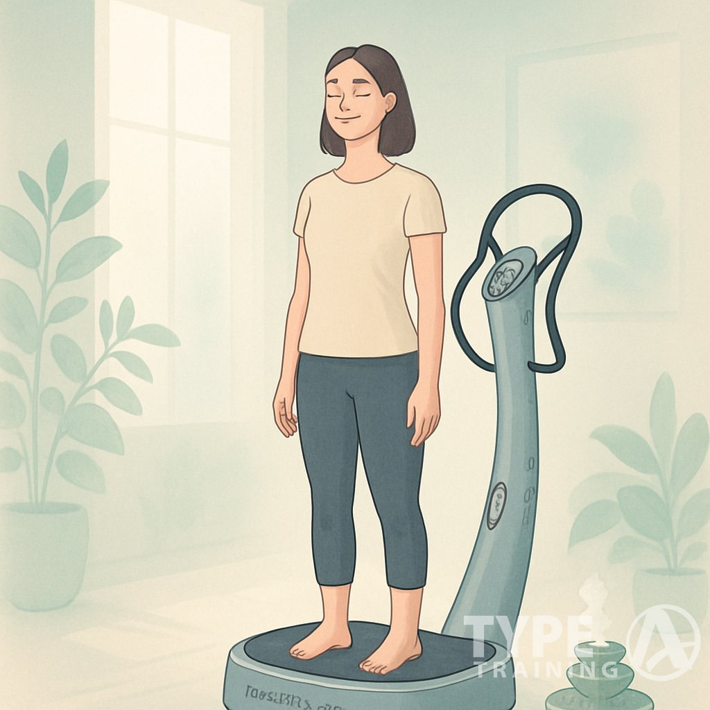 A relaxed woman standing barefoot on a Power Plate machine in a calm, minimalist room with plants and soft natural light.