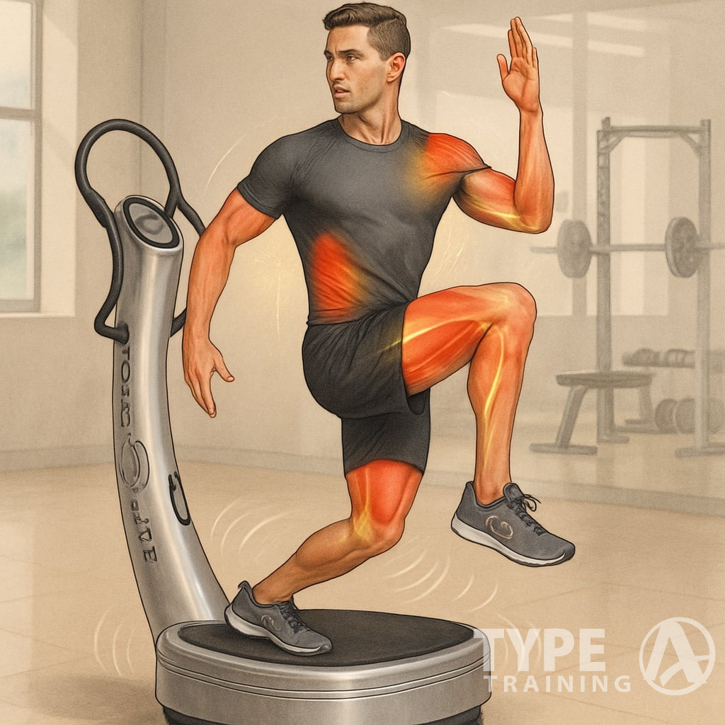 A person performing warm-up exercises on a Power Plate vibration machine in a gym setting.