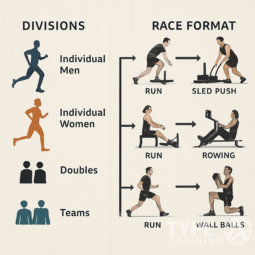 An infographic showing different athlete divisions and a step-by-step sequence of exercises in a HYROX race, with athletes performing running and functional workout stations.