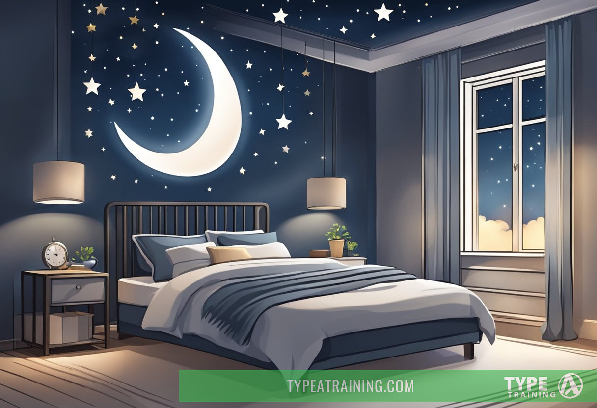 A serene night sky with a crescent moon and stars. A peaceful bedroom with a cozy bed and a clock showing different stages of sleep