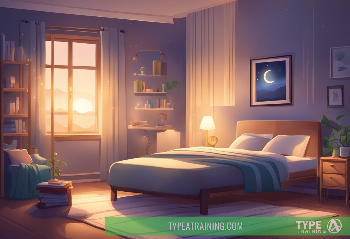 A peaceful bedroom with a cozy bed, dimmed lights, and a bedside table with a book on sleep hygiene. The moonlight shines through the window, creating a serene atmosphere