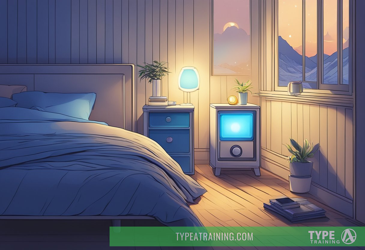 A dimly lit bedroom with a glowing electronic device on a nightstand, casting a blue light onto the surrounding area