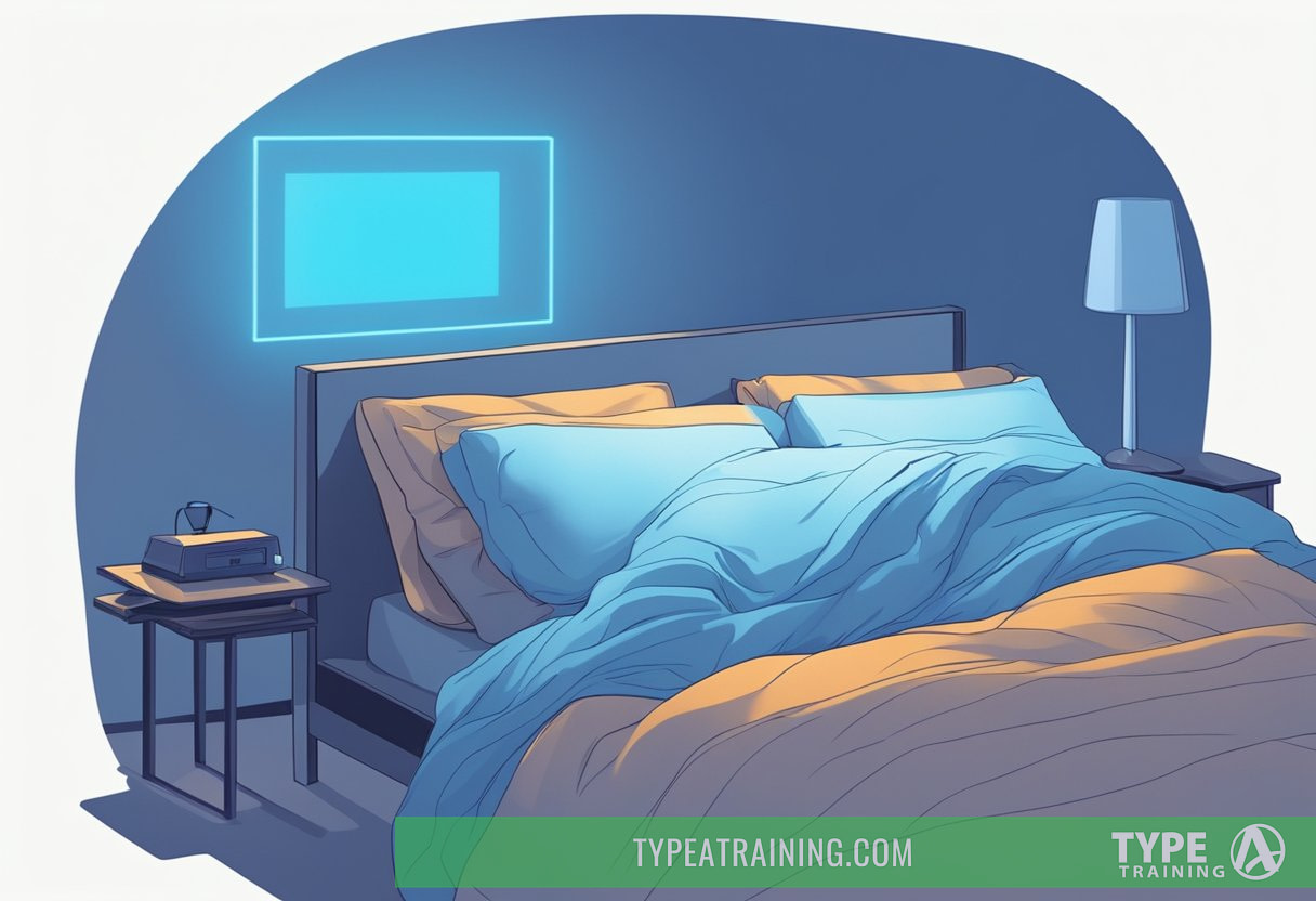 A person sleeping in bed with a glowing blue screen nearby, casting a harsh light on the surroundings