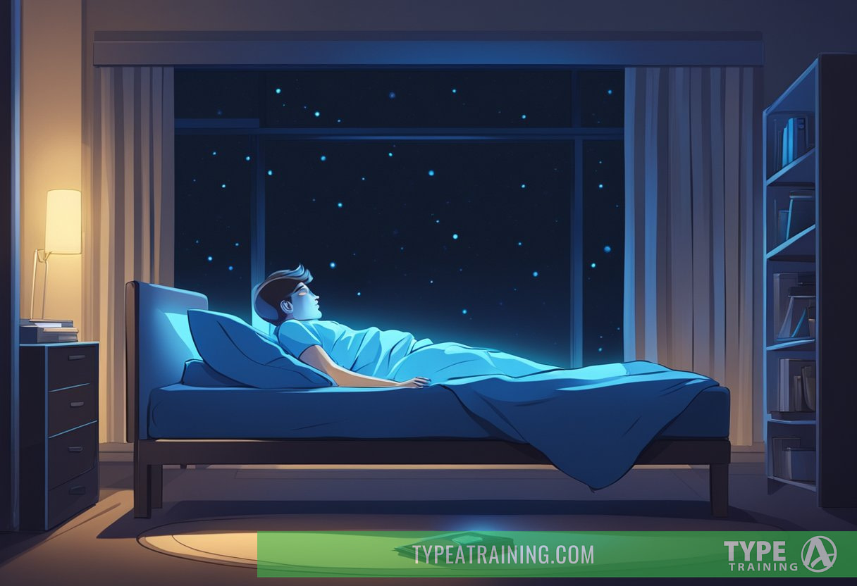 A person lying in bed with a glowing blue screen nearby, surrounded by darkness