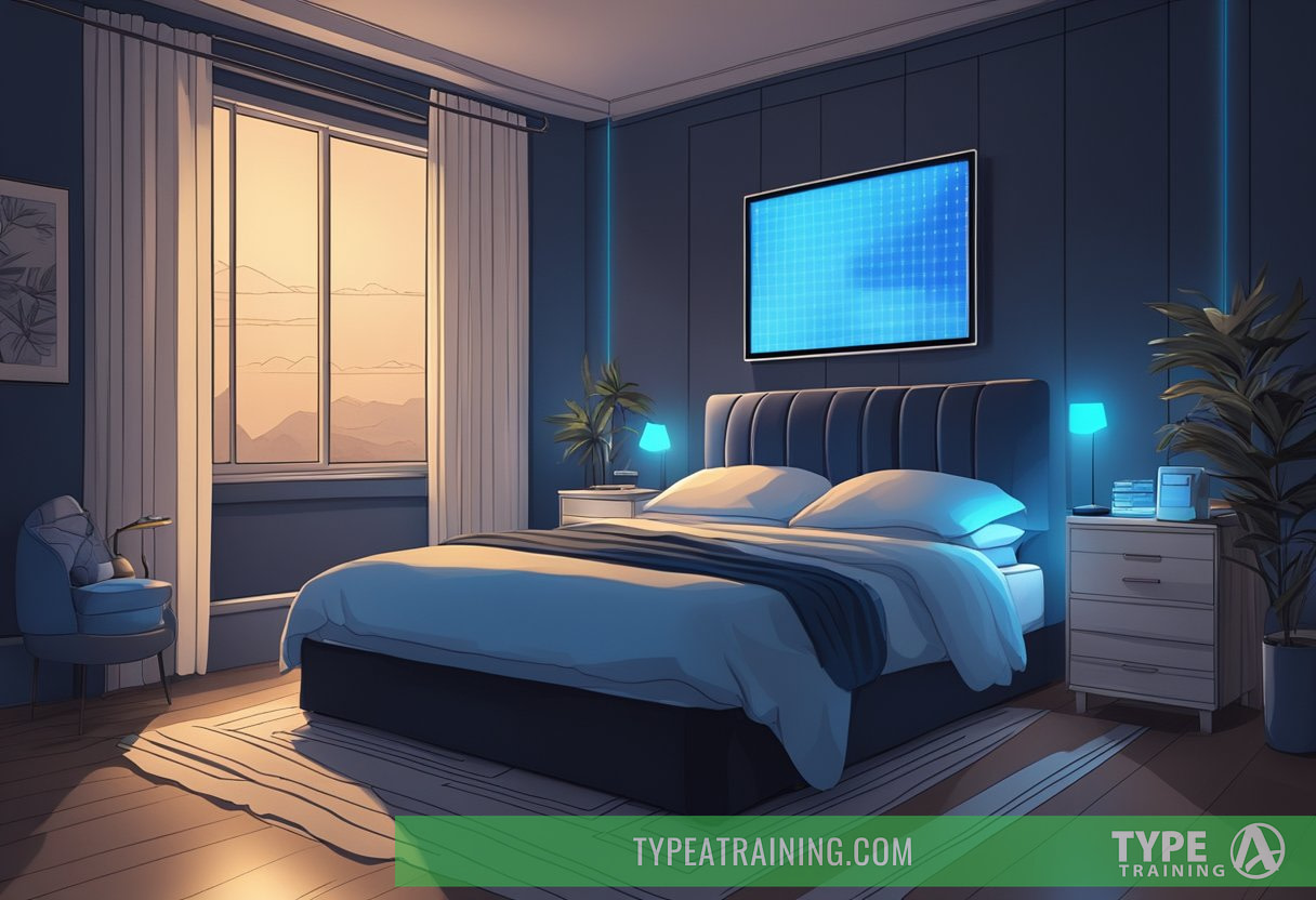 A dark bedroom with a glowing digital screen casting blue light onto the bed, while a clock shows late hours