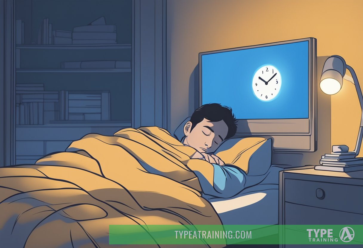 A person sleeping in bed, with a glowing blue screen nearby casting light onto their face, while a clock shows late hours