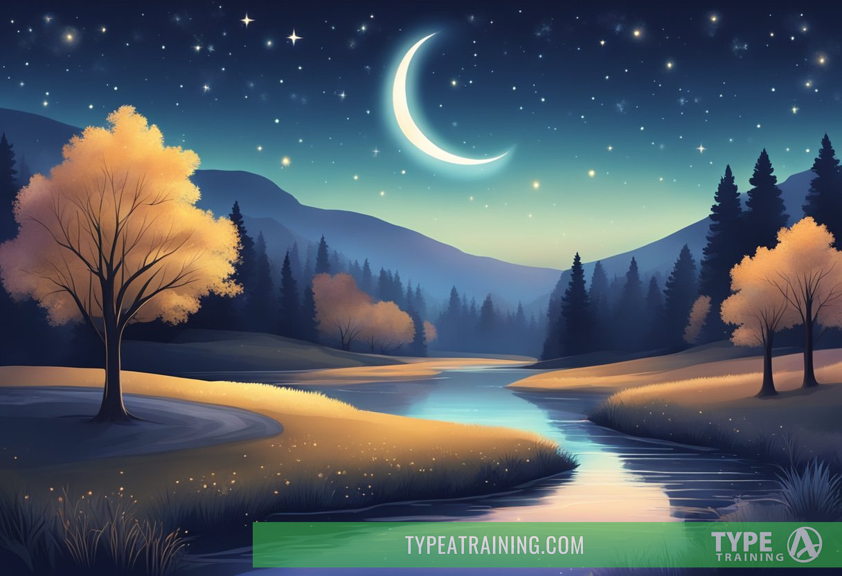 A serene night sky with a crescent moon and stars, casting a soft glow over a peaceful landscape with a winding river and gently swaying trees