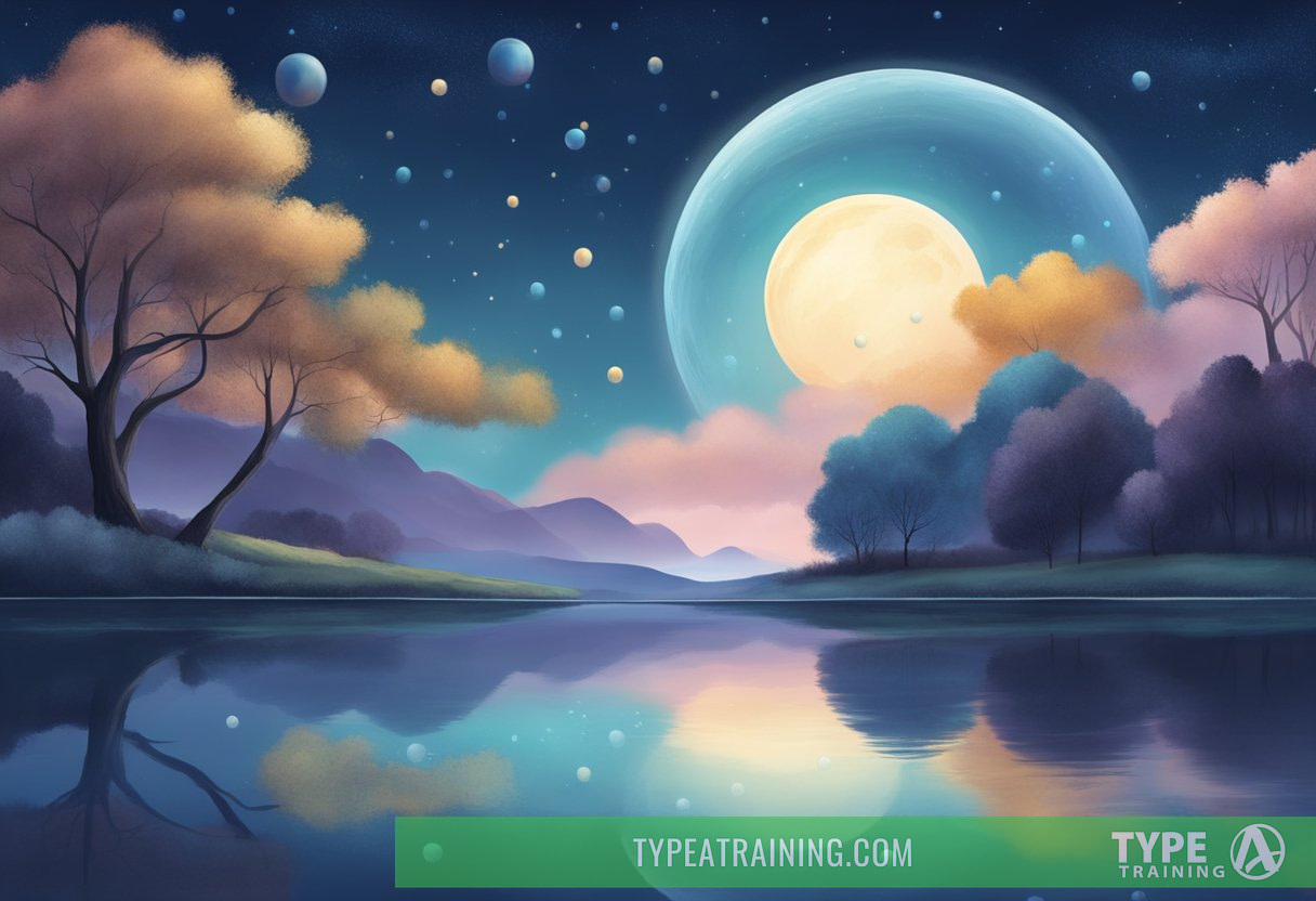 A serene night sky with a crescent moon overlooking a tranquil landscape, with a series of floating bubbles representing the stages of sleep