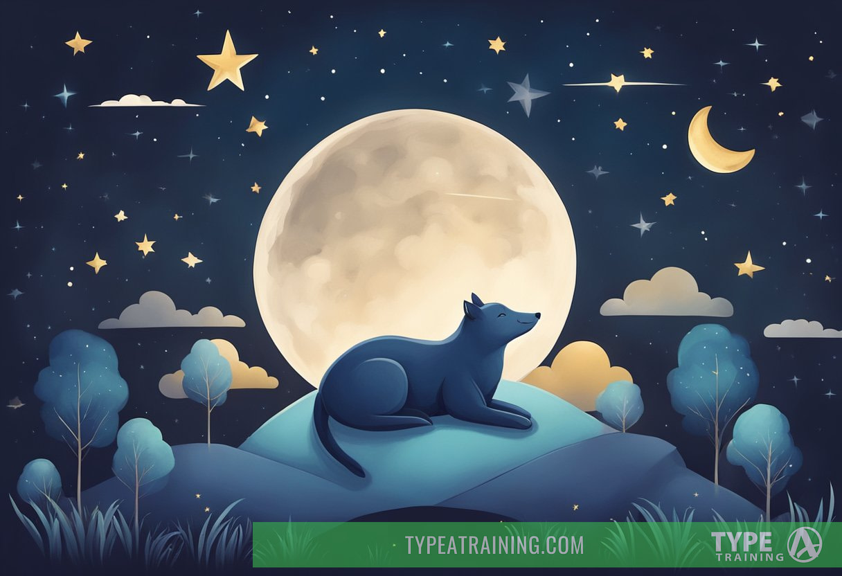 A serene night sky with a crescent moon and stars, a peaceful landscape with a sleeping animal, and a clock showing different stages of sleep