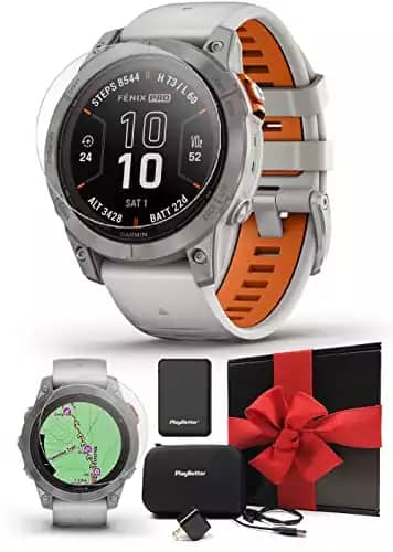 Garmin Fenix 7 Pro Sapphire Solar (Fog Gray/Ember Orange) Multisport GPS Smartwatch | Built-in Flashlight, Solar Charging | Gift Box with PlayBetter Screen Protectors, Charger, Wall Adapter, & Cas...