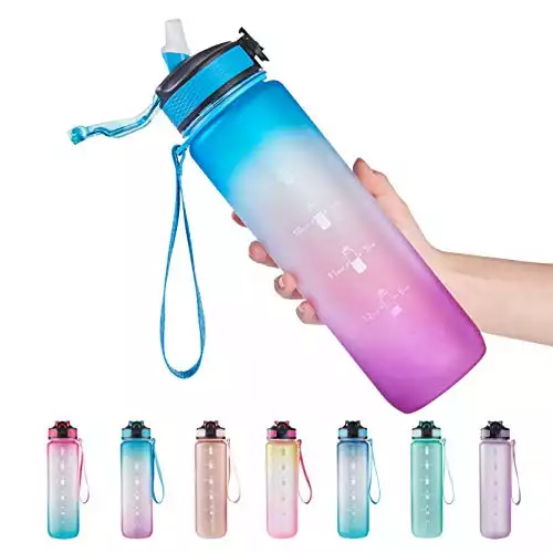 EYQ 32 oz Water Bottle with Times Marker, Carry Strap, Leak-Proof Tritan BPA-Free, Ensure You Drink Enough Water for Fitness, Gym, Camping, Outdoor Sports (Green/Purple Gradient)
