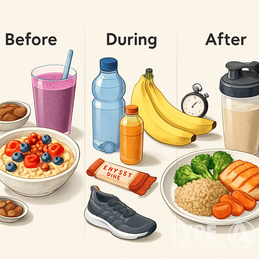 Illustration showing three sections of healthy meals and snacks for before, during, and after a workout, featuring various balanced foods like fruits, energy bars, and protein dishes.