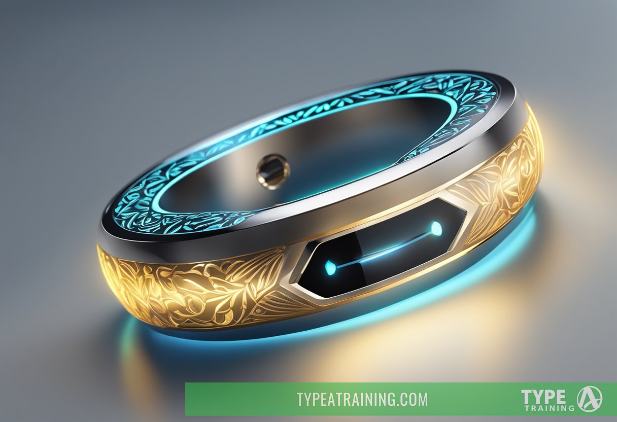 A smart ring sits on a sleek surface, glowing with a soft light. It is adorned with intricate patterns and embedded with small, advanced technology