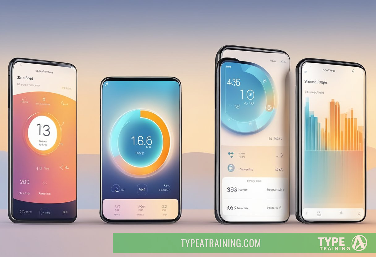 A smart ring displays steps, heart rate, and sleep data on a phone app. The ring is sleek and modern, with a small display screen and comfortable fit