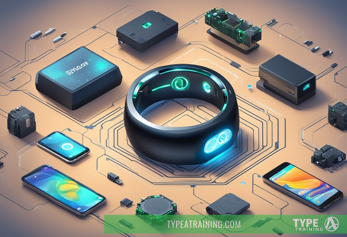 A smart ring lies on a rugged surface, surrounded by scattered electronic components. The ring appears sleek and modern, with a small LED display indicating battery life and durability