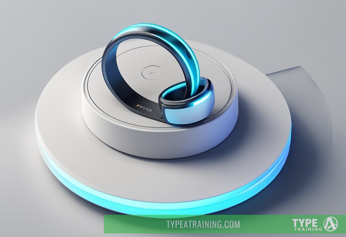 A smart ring resting on a sleek, modern charging dock, surrounded by various electronic devices and a smartphone displaying a user-friendly app interface