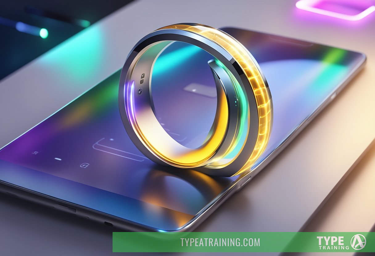 A smart ring on a table, glowing with a soft light, surrounded by futuristic technology