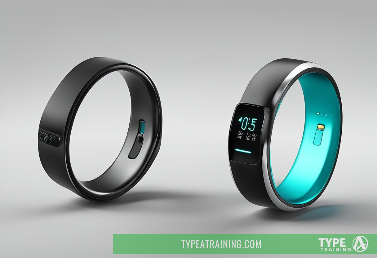 A smart ring with sensors and a sleek design, displaying health data on a smartphone app