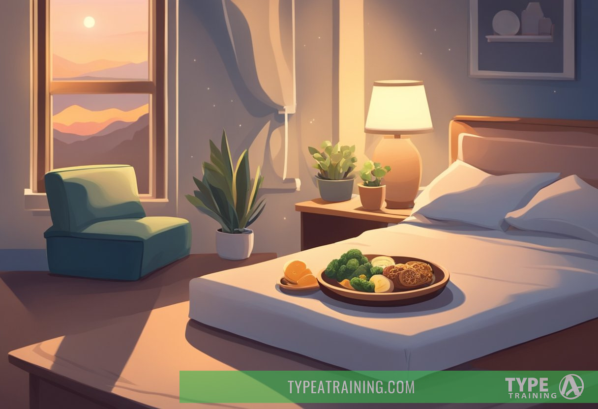 A serene bedroom with a cozy bed, dim lighting, and a peaceful atmosphere. A plate of low-carb, high-fat foods sits on a nightstand