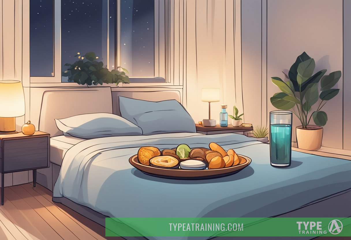 A serene bedroom with a cozy bed, dim lighting, and a peaceful atmosphere. A plate of keto-friendly snacks and a glass of water sit on a nightstand