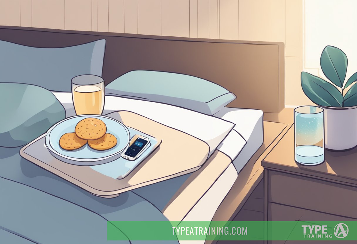 A serene bedroom with a bedside table holding a plate of keto-friendly snacks and a glass of water. A sleep tracker on the nightstand displays improved sleep patterns