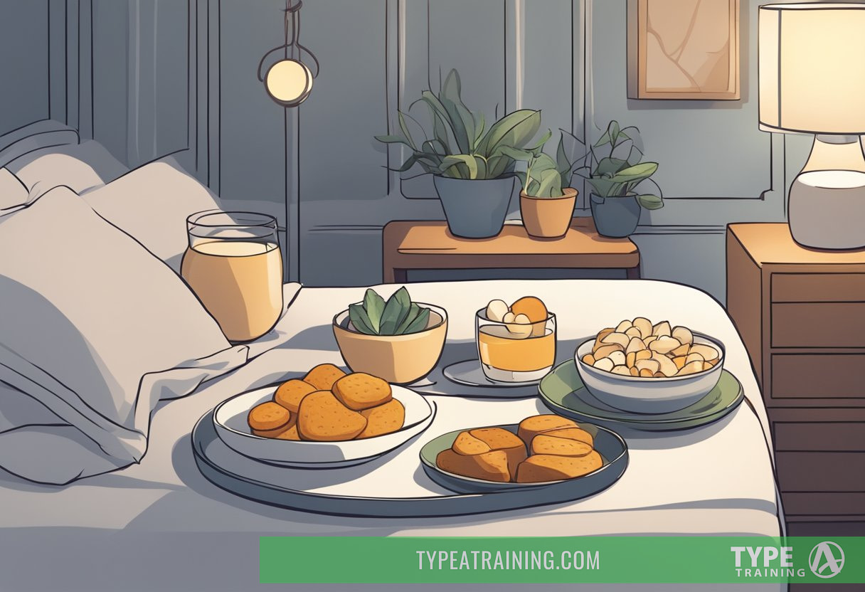 A serene bedroom with a cozy bed, a plate of keto-friendly snacks on a nightstand, and a peaceful, deep sleeper with a relaxed expression