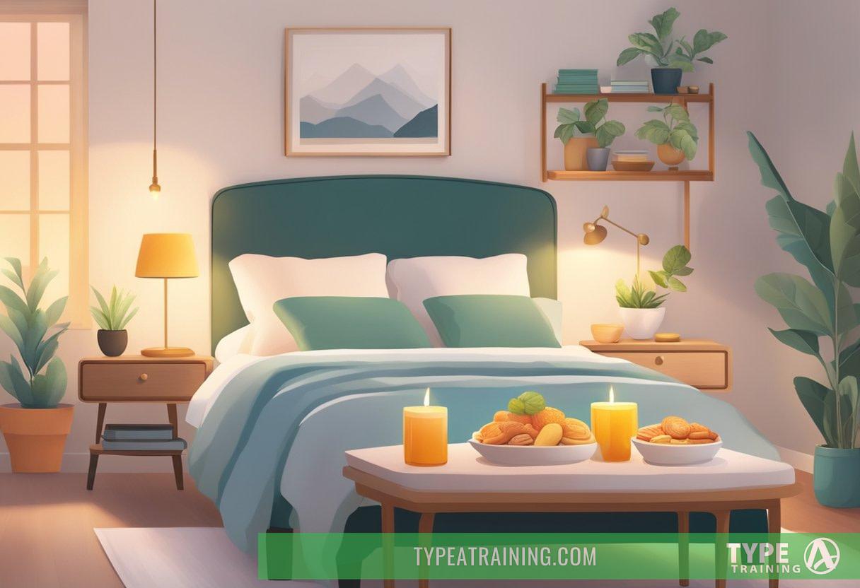 A serene bedroom with a bedside table featuring low-carb, high-fat keto-friendly snacks and a warm cup of herbal tea, surrounded by calming colors and soft lighting