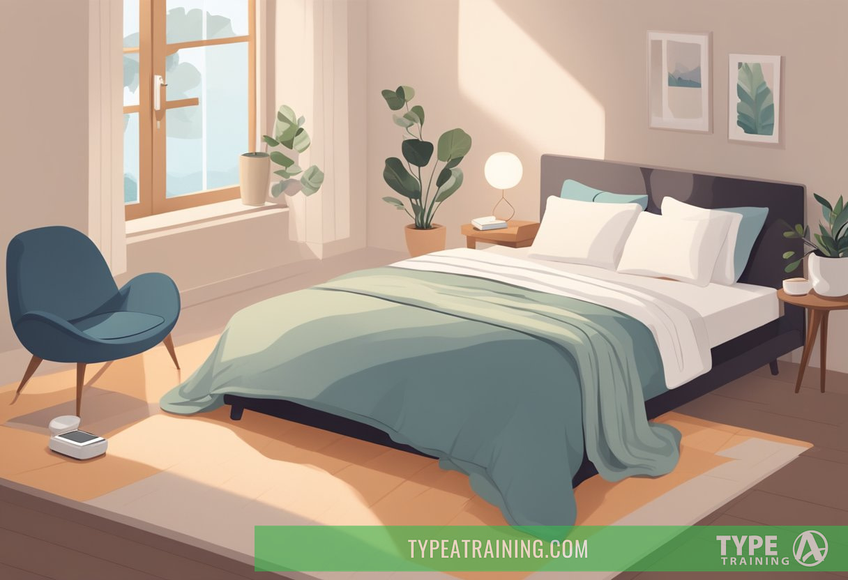 A serene bedroom with a keto-friendly meal on a nightstand, a sleep tracker on the bedside table, and a person peacefully sleeping under a cozy blanket